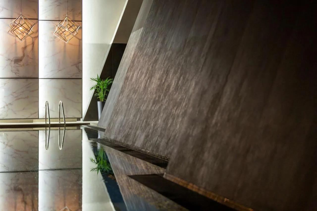 Lobby water feature inside Hilton Aberdeen TECA near P&J Live TECA